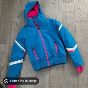 WOMENS Spyder ski jacket. Blue and Pink Hooded Jacket